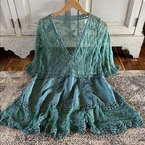 New Teal Lace Crochet Boho Folk Tunic Blouse Top Cover-Up Womens Turquoise